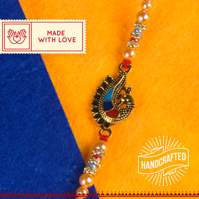 Metalic Mayur & Golden Pearls Rakhi with Roli Chawal & Kalawa For Men