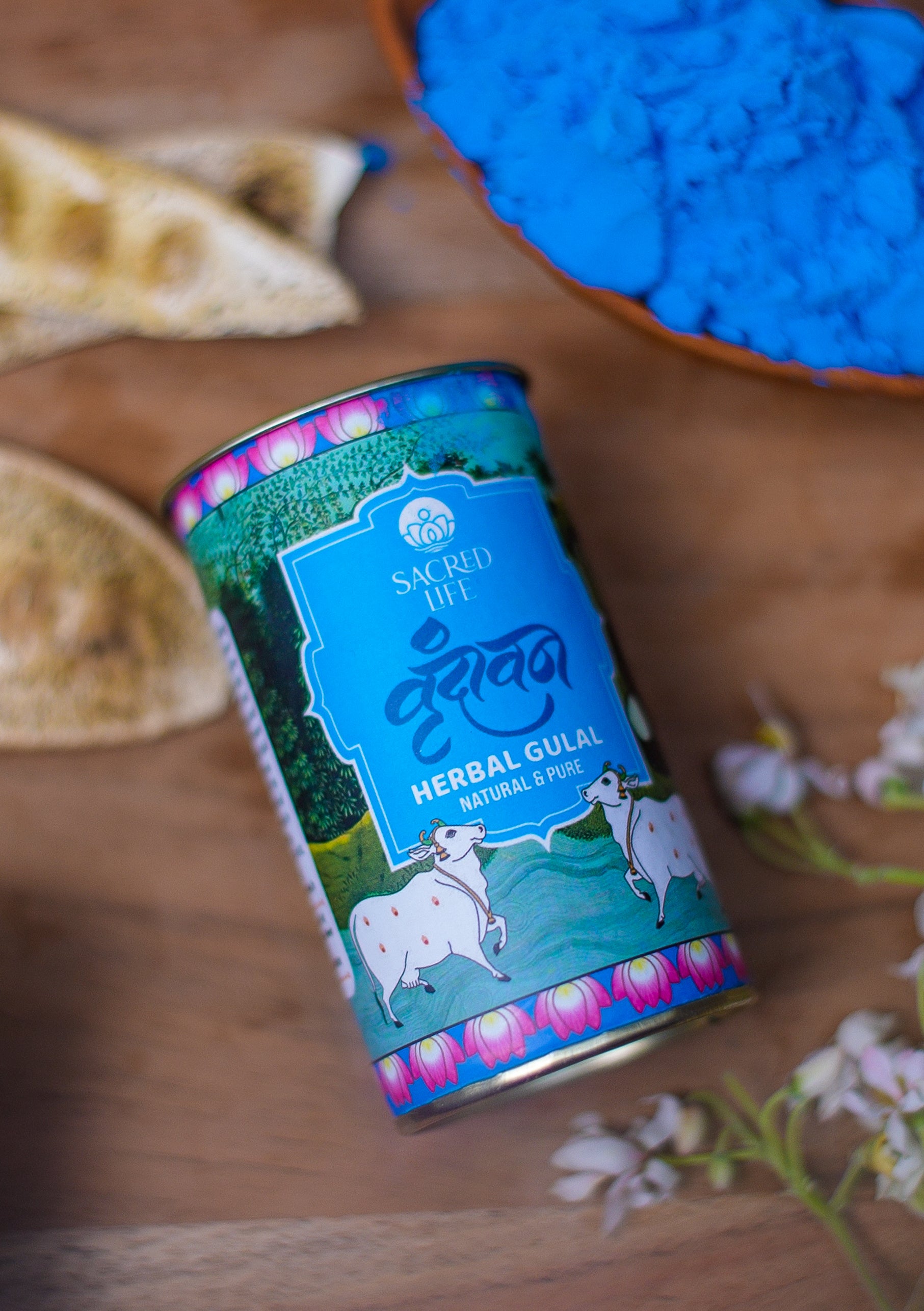 Sacred Life | Vrindavan Herbal Gulal | Holi Colour (Pack of 5) | Orange, Red, Green, Blue and Yellow | Parijat Tesu Marigold Blue Lotus Tulsi Rose Petals (75gm x 5) | 100% Natural and Skin-Friendly Herbal Gulal | Hygienically Handmade and Non-Toxic