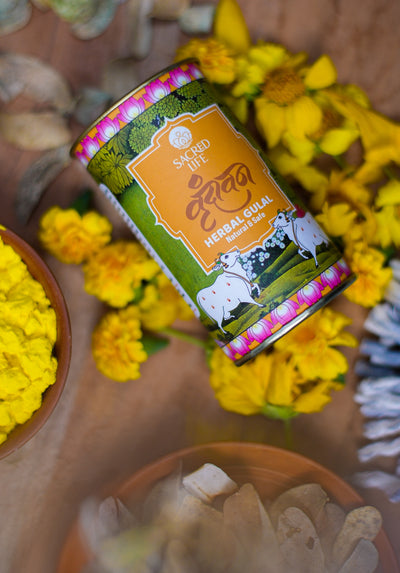 Sacred Life | Vrindavan Herbal Gulal | Holi Colour (Pack of 5) | Orange, Red, Green, Blue and Yellow | Parijat Tesu Marigold Blue Lotus Tulsi Rose Petals (75gm x 5) | 100% Natural and Skin-Friendly Herbal Gulal | Hygienically Handmade and Non-Toxic