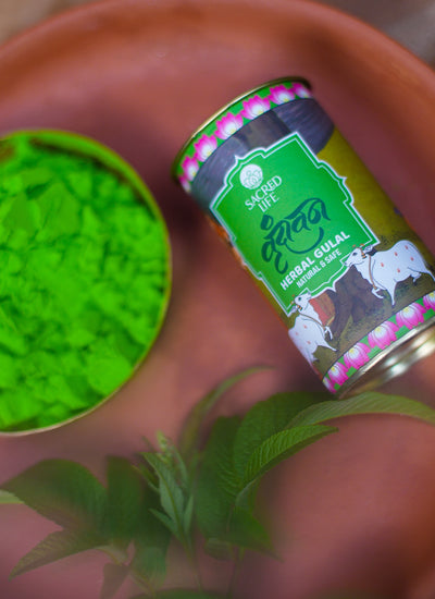 Sacred Life | Vrindavan Herbal Gulal | Holi Colour (Pack of 5) | Orange, Red, Green, Blue and Yellow | Parijat Tesu Marigold Blue Lotus Tulsi Rose Petals (75gm x 5) | 100% Natural and Skin-Friendly Herbal Gulal | Hygienically Handmade and Non-Toxic