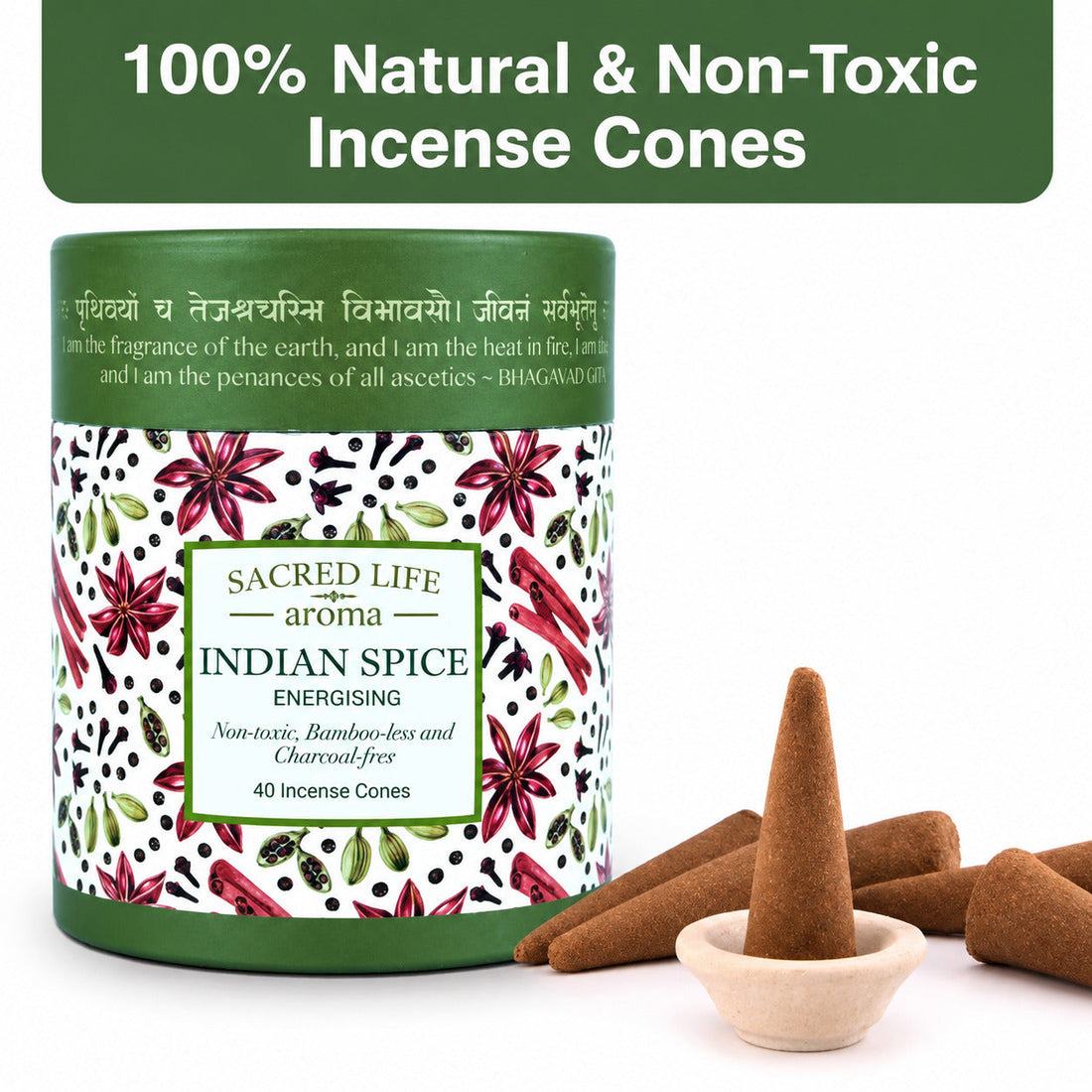 Sacred Life Aroma Indian Spice energising incense cones with 40 natural non-toxic bamboo-less and charcoal-free incense cones