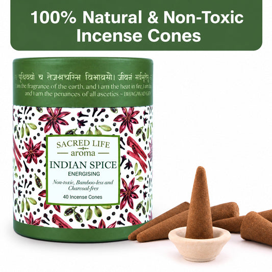 Sacred Life Aroma Indian Spice energising incense cones with 40 natural non-toxic bamboo-less and charcoal-free incense cones