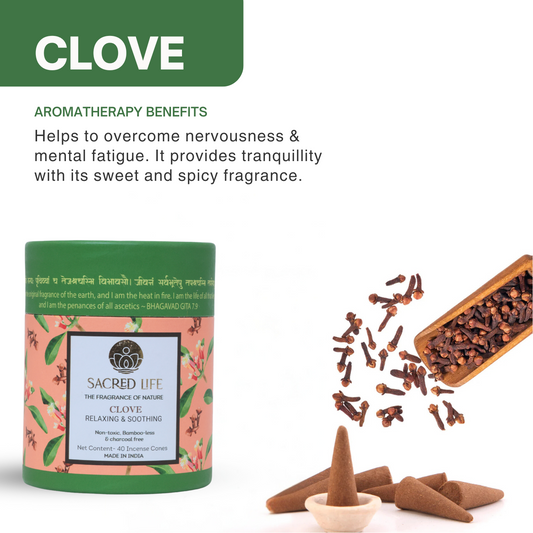 Sacred Life Aroma Clove relaxing and soothing incense cones with clove fragrance and 40 premium incense cones
