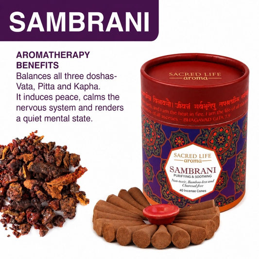 Sacred Life Aroma Sambrani premium incense cones with traditional Sambrani aroma and 40 incense cones