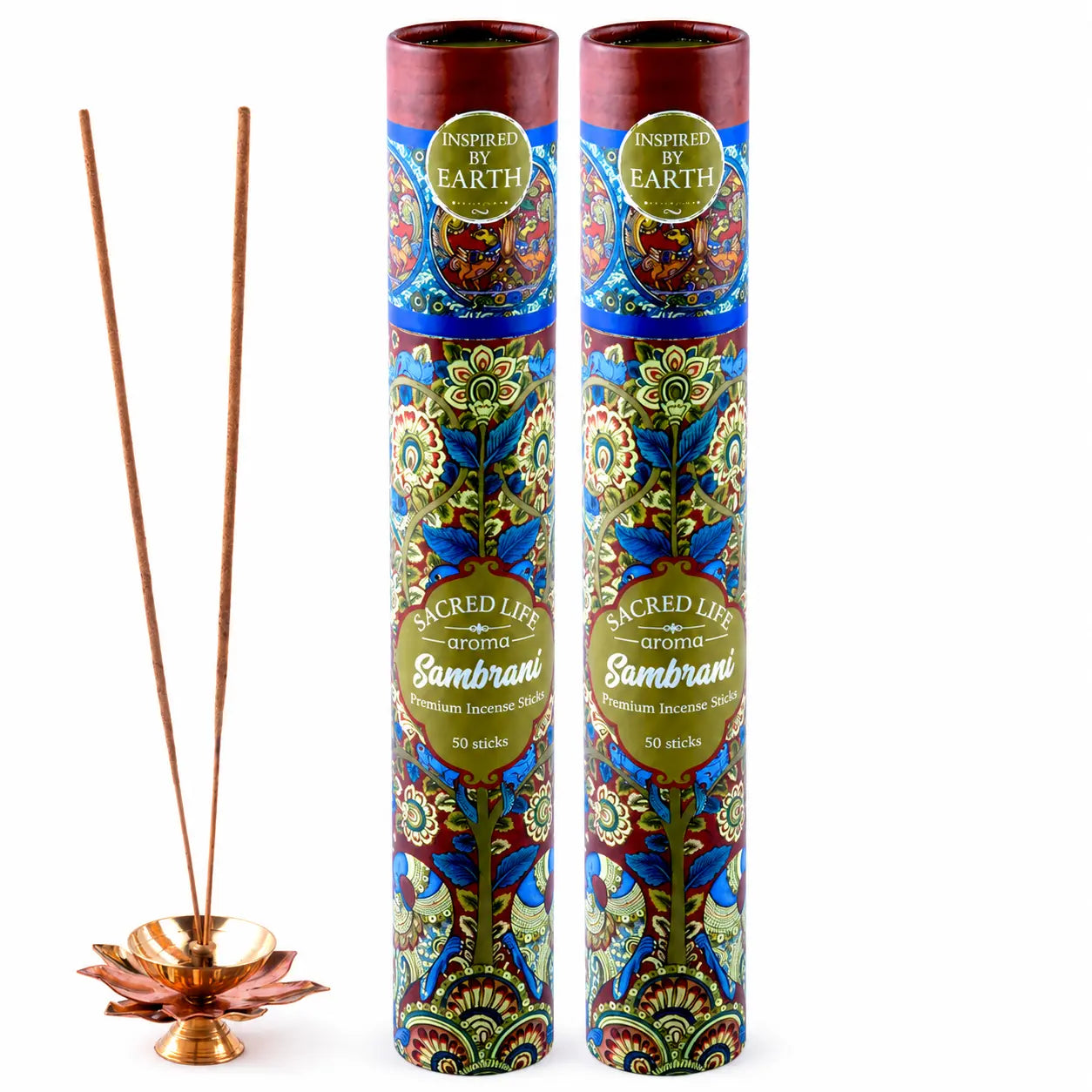 A cylindrical tin of Sacred Life Bay Leaf incense cones with green leaf illustrations on the label, shown alongside several brown incense cones in a small wooden holder and a green circular badge reading '100% Natural Ingredients'. Text at the bottom states it is made of plant produce, deodar wood, natural oils and fragrances.