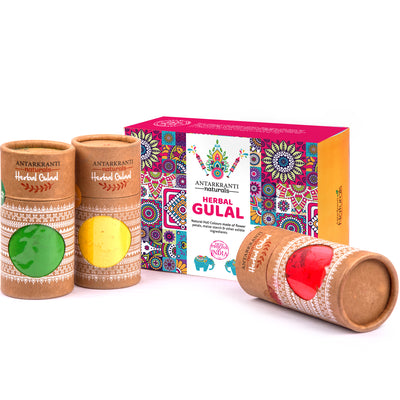 Antarkranti Naturals Hand-Made Herbal Gulal | Maize Starch | Tesu Flowers | Rose | Marigold | Sandalwood | Food Grade Colours | Green Yellow and Red Colour | Classic Gift Set - Pack of 3 | 100gm x 3