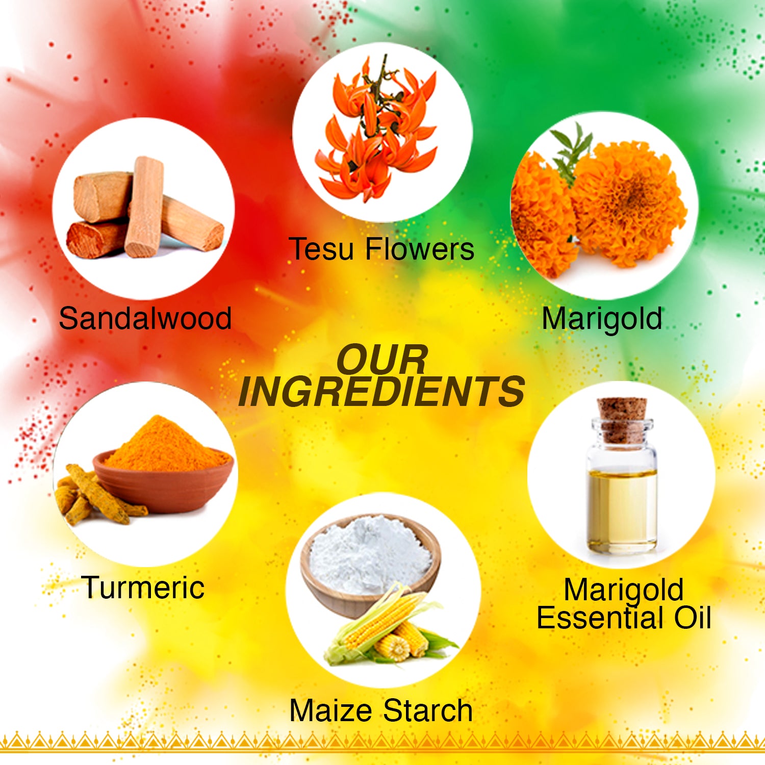 Antarkranti Naturals Hand-Made Herbal Gulal | Maize Starch | Tesu Flowers | Rose | Marigold | Sandalwood | Food Grade Colours | Green Yellow and Red Colour | Classic Gift Set - Pack of 3 | 100gm x 3