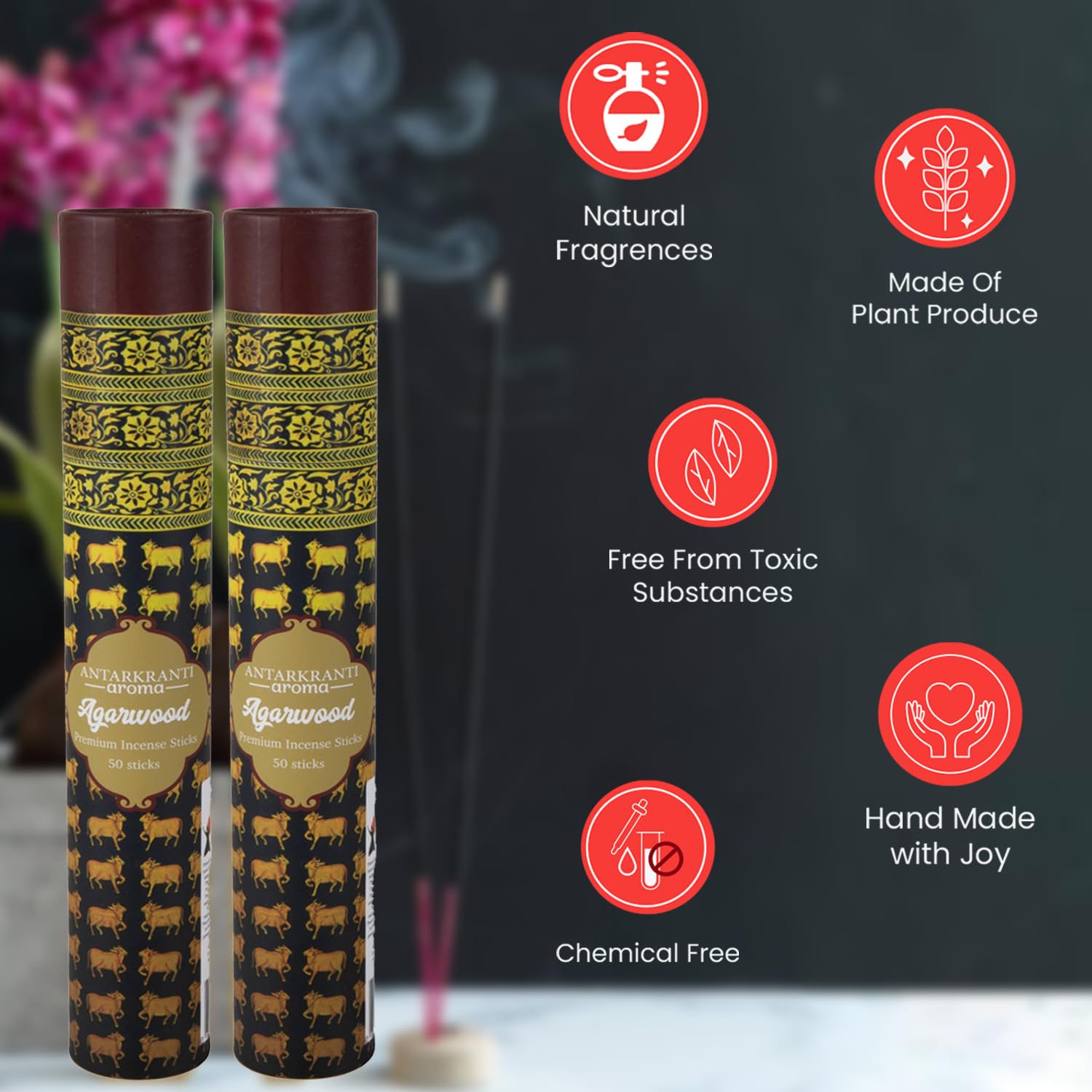 Antarkranti AGARWOOD Incense Sticks |100% Natural & Charcoal Free |Handcrafted Agarbatti for Positive Energy & Yoga Meditation | Pooja Item for Home | Sacred Life