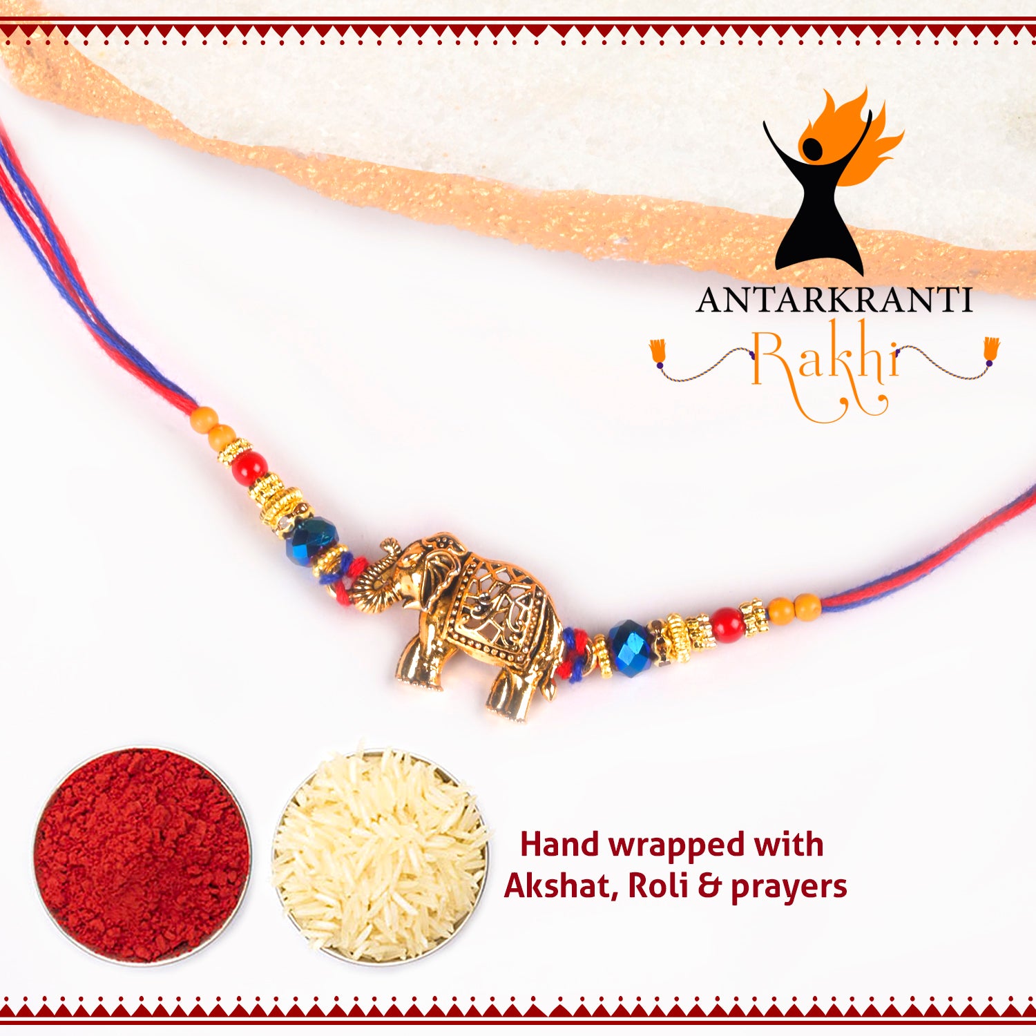 Golden Gaja with Indigo Stone Rakhi with Roli Chawal & Kalawa For Men