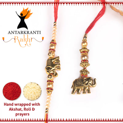 Golden Elephant Motif with Kesari Kalawa Rakhi & Lumba with Roli Chawal &  Kalawa For Bhaiya & Bhabhi