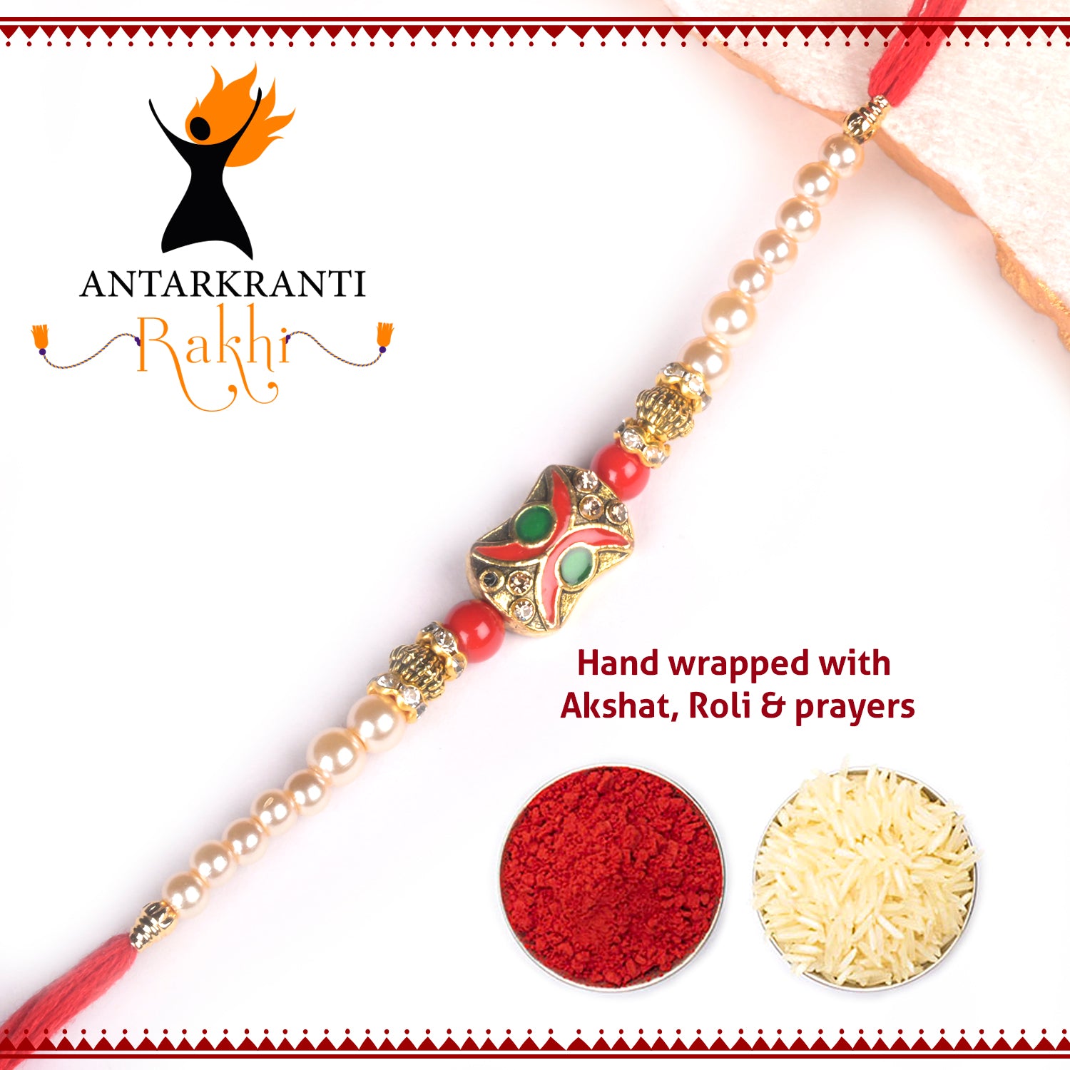 Green & Red Good Luck Motif in Red Kalawa with Roli Chawal & Haldi Kalawa For Men