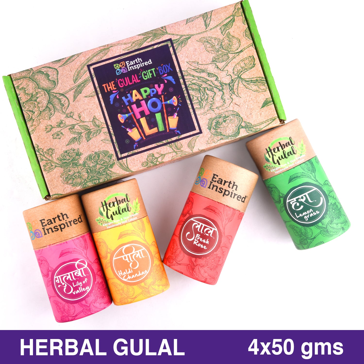 Herbal Gulal | 4 in 1 | Red, Yellow, Orange, Green | 50g x 4 by Earth Inspired