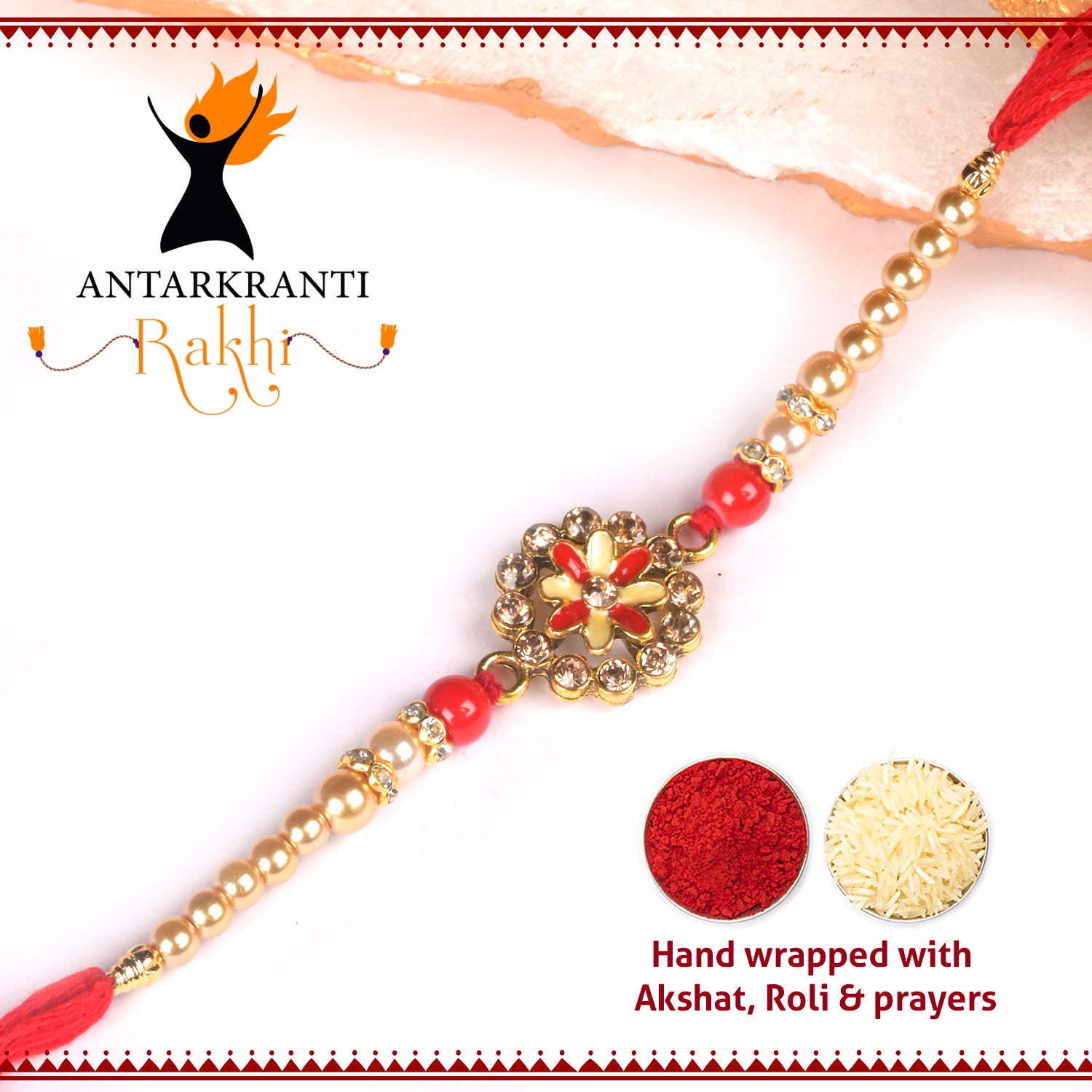 Meenakari Flower with  Golden Pearls Rakhi with Roli Chawal & Kalawa For Men