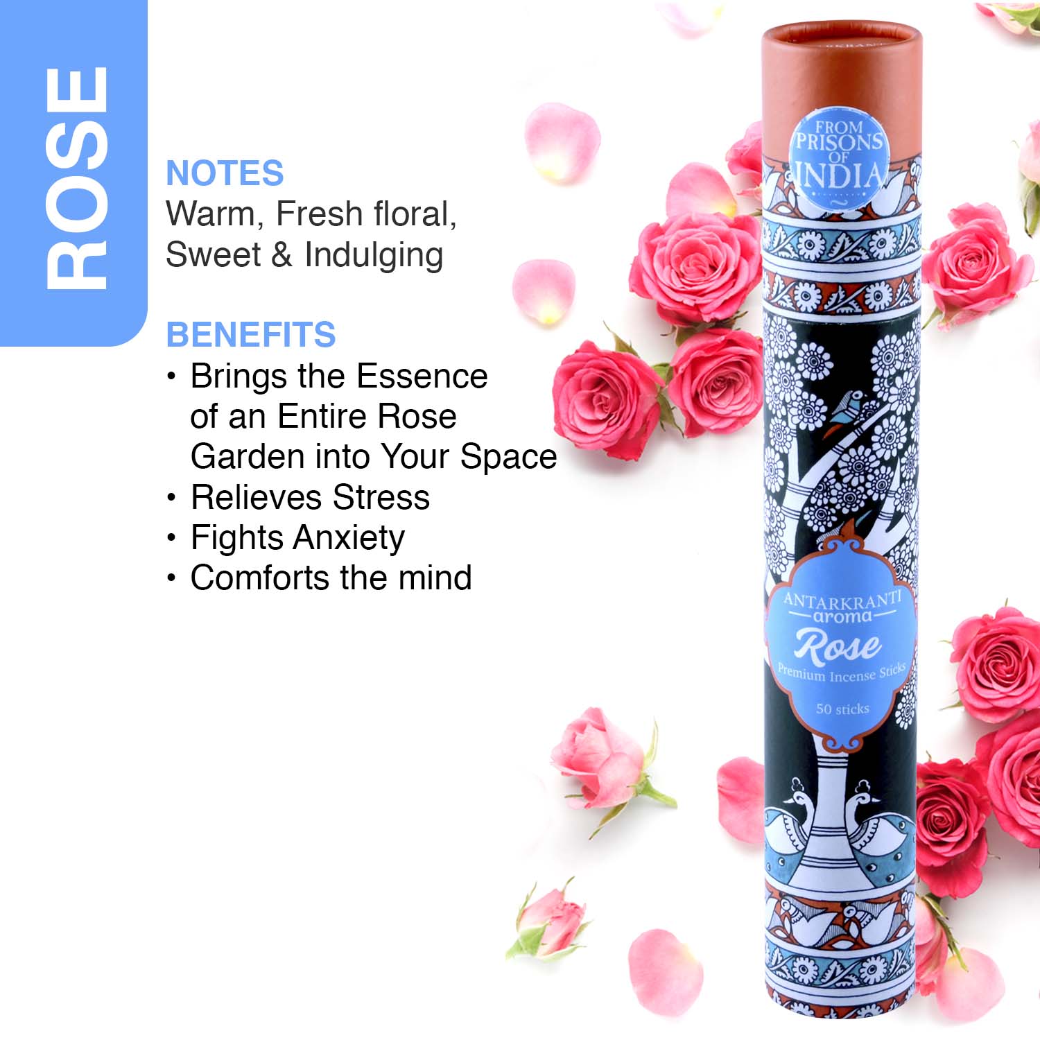 ANTARKRANTI | ROSE Incense Sticks | 100% Natural and Charcoal Free | Handcrafted Agarbatti for Positive Energy & Yoga Meditation| Pooja Item for Home| Burning Time- 35-40 Mins