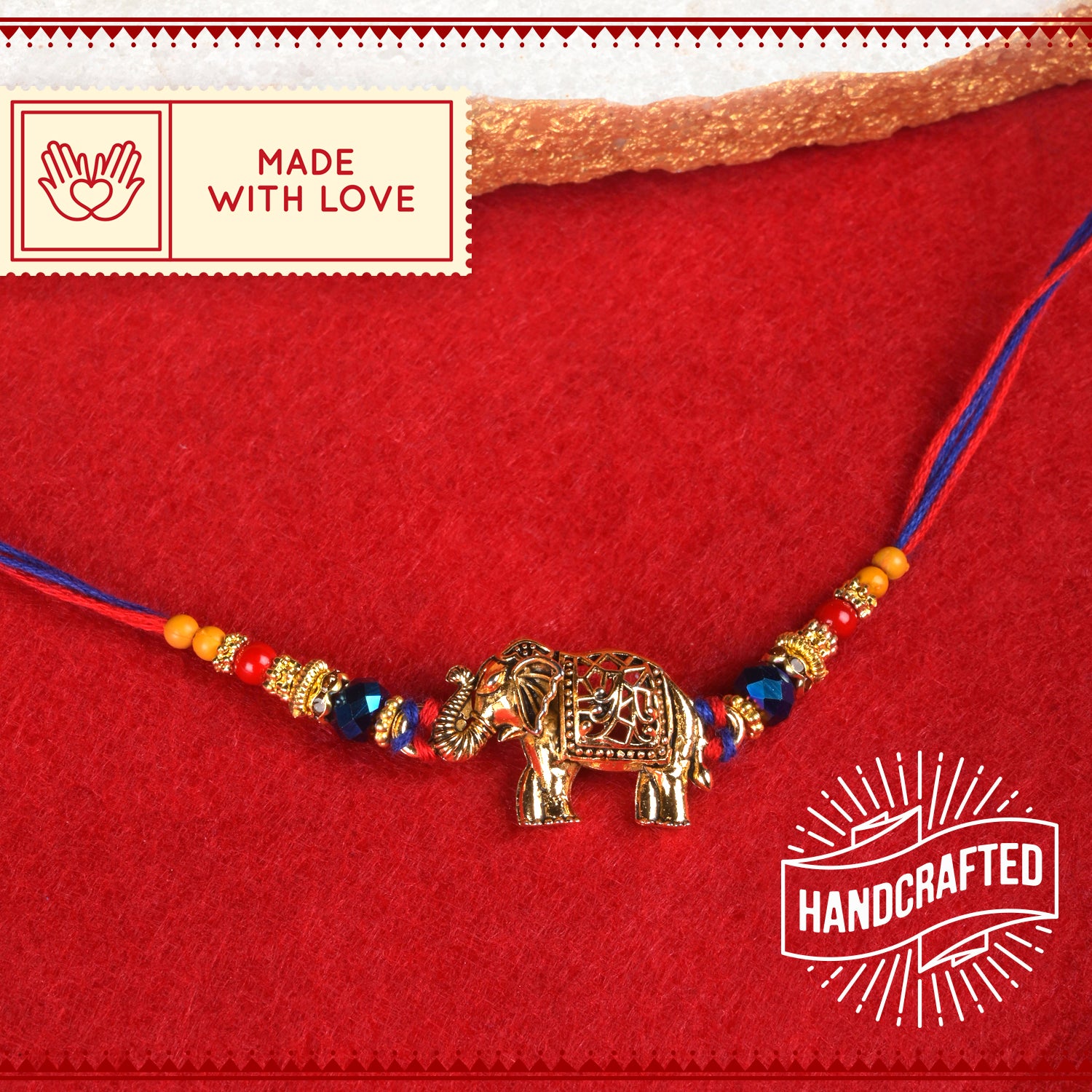 Golden Gaja with Indigo Stone Rakhi with Roli Chawal & Kalawa For Men