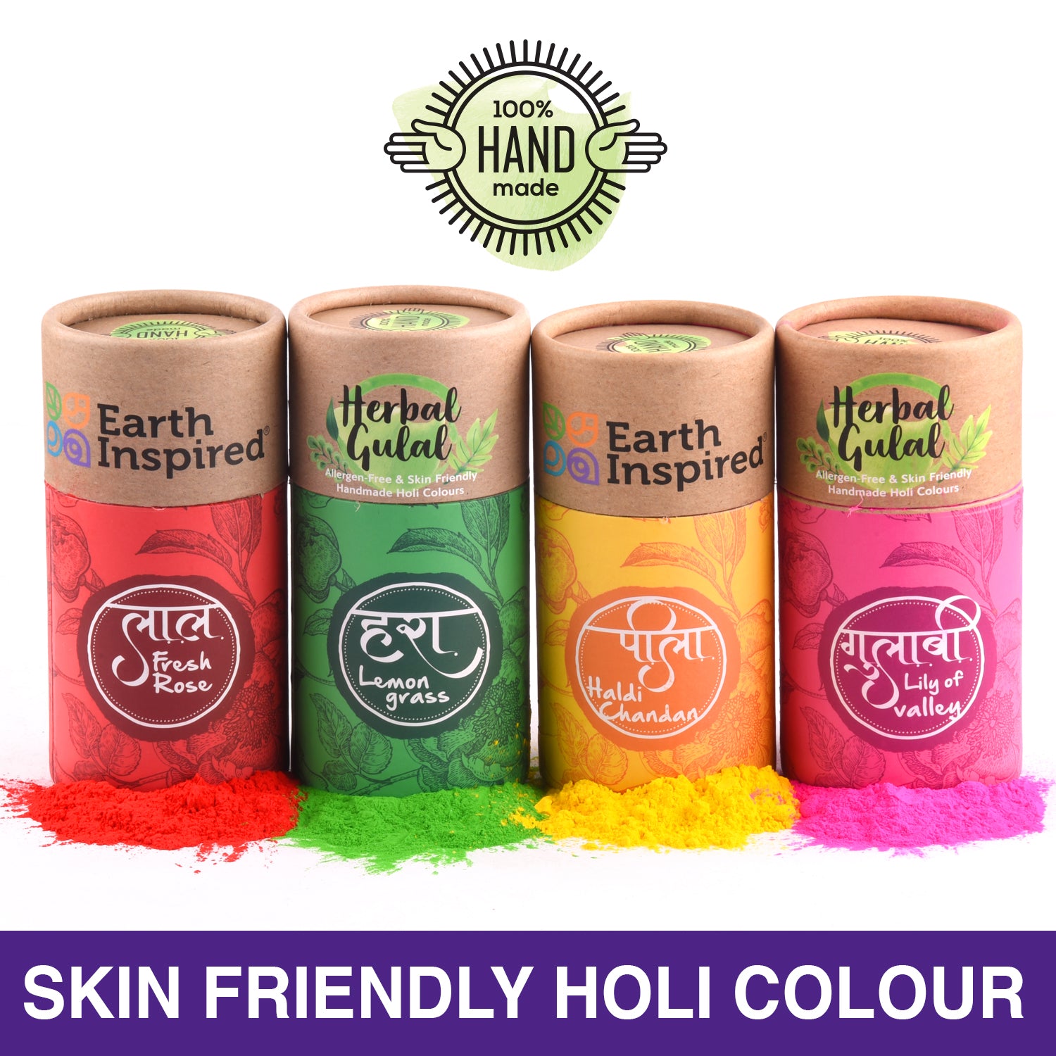 EARTH INSPIRED Herbal Gulal | 4 in 1 | Red, Yellow, Orange, Green | 50g x 4 by Earth Inspired