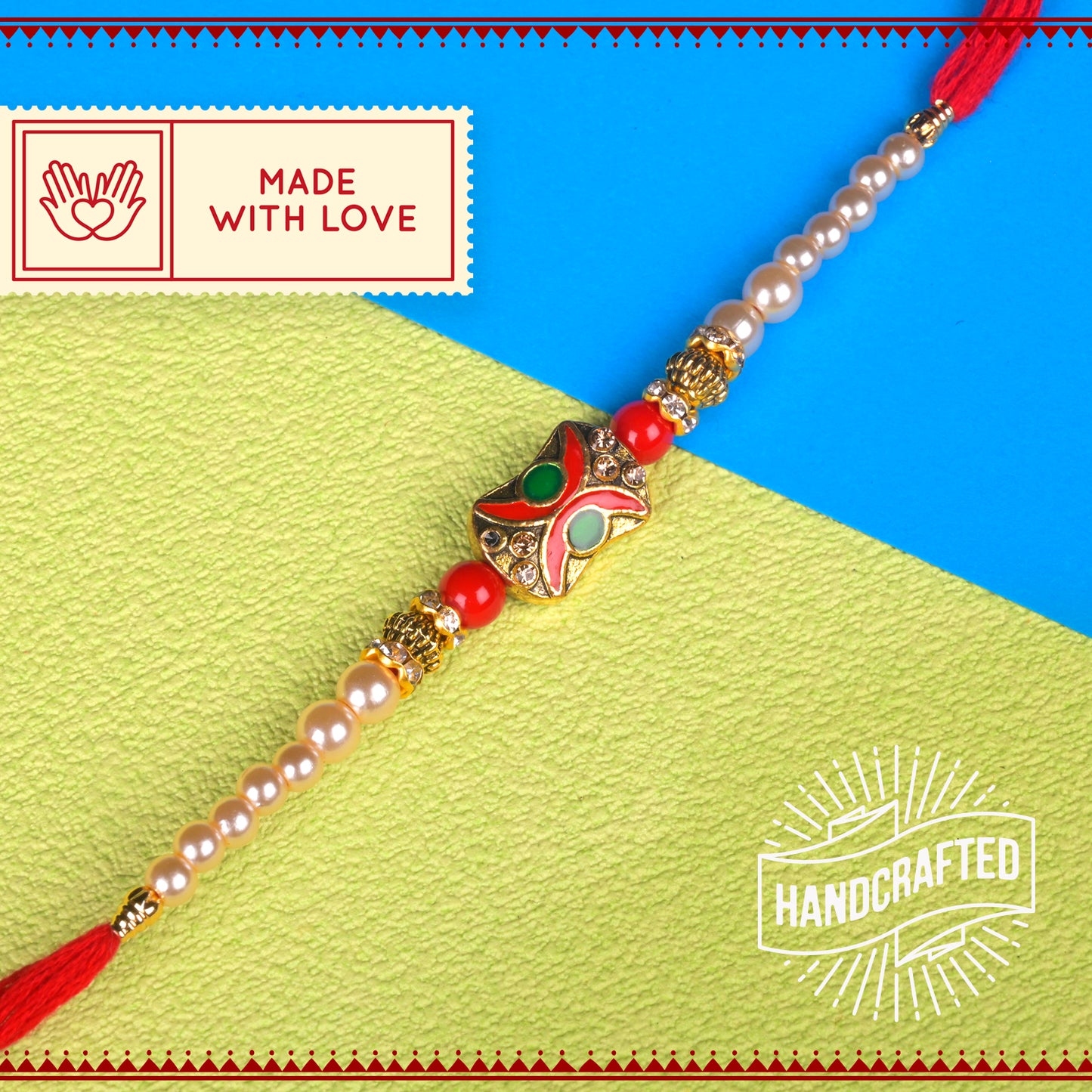 Green & Red Good Luck Motif in Red Kalawa with Roli Chawal & Haldi Kalawa For Men