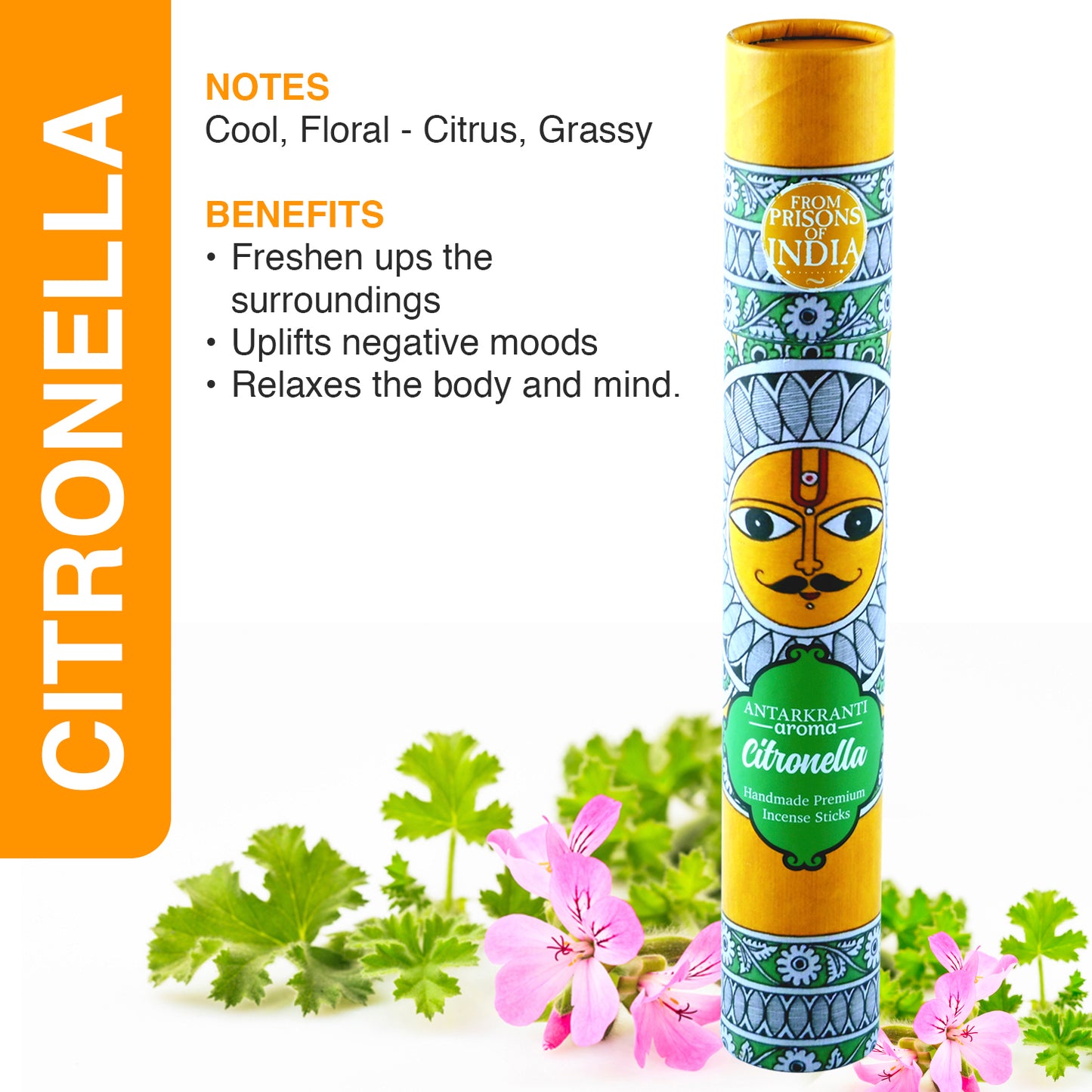 ANTARKRANTI | CITRONELLA Incense Sticks | 100% Natural and Charcoal Free | Handcrafted Agarbatti for Positive Energy & Yoga Meditation| Pooja Item for Home