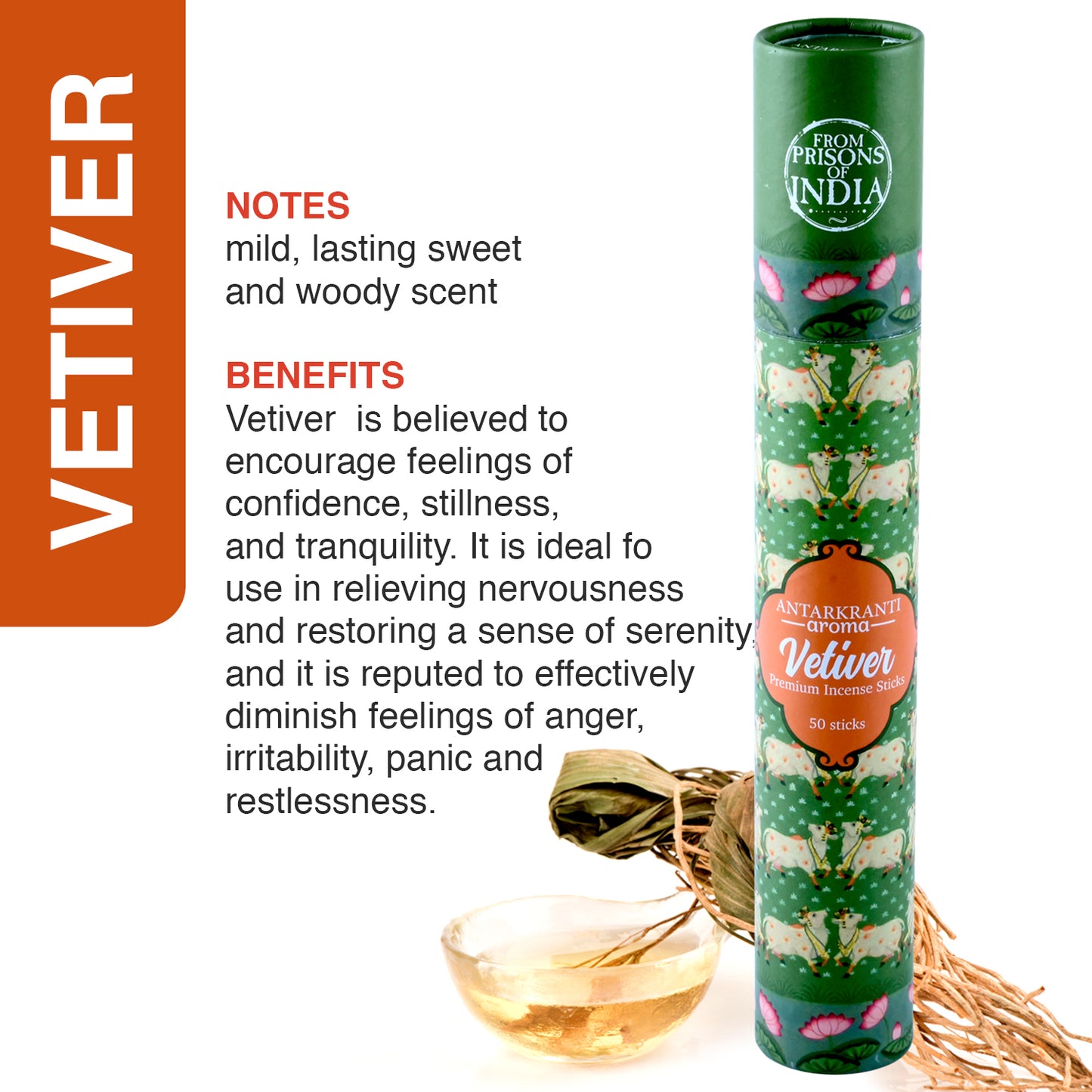 ANTARKRANTI | VETIVER Incense Sticks | 100% Natural and Charcoal Free | Handcrafted Agarbatti for Positive Energy & Yoga Meditation| Pooja Item for Home| Burning Time- 35-40 Mins
