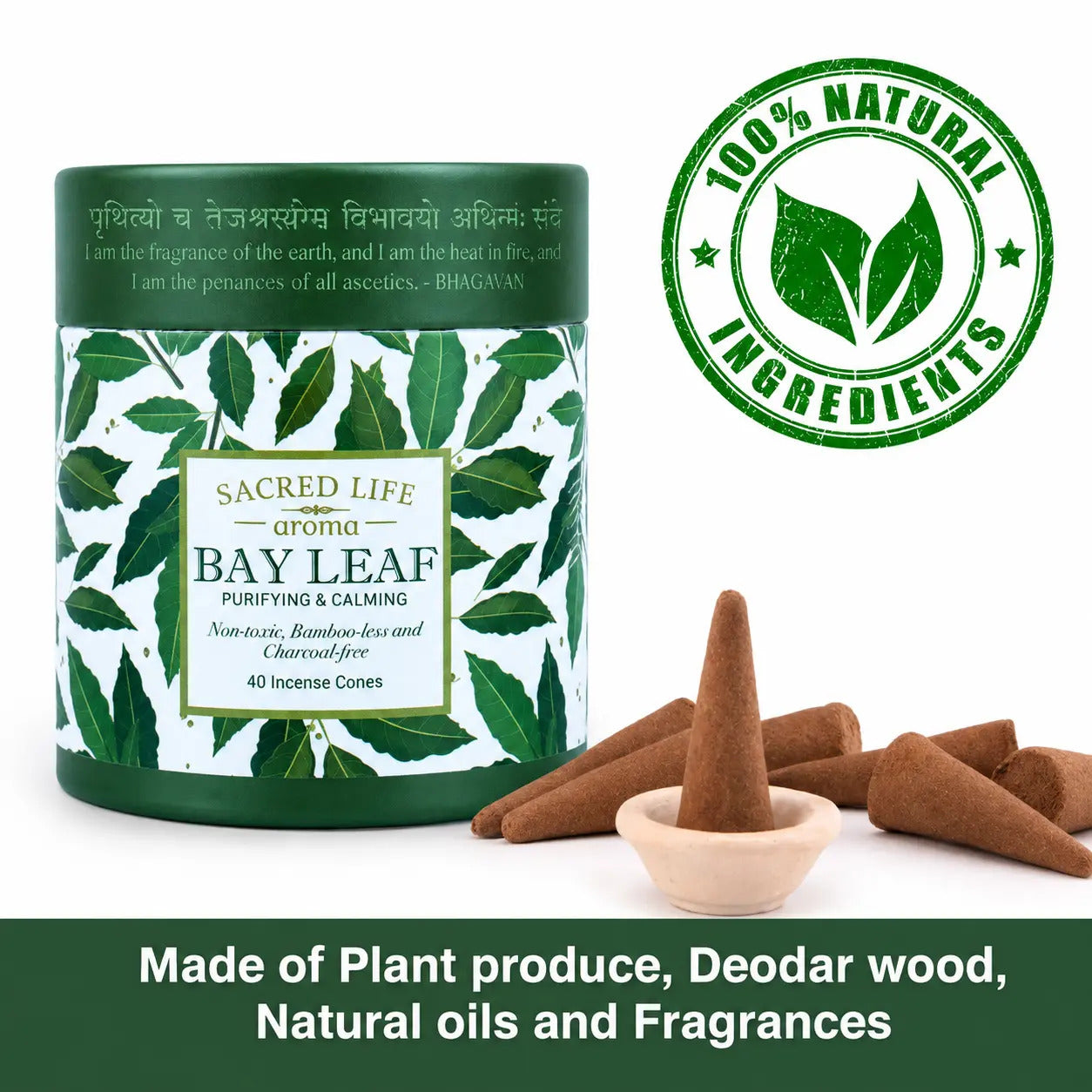 A box of SACRED LIFE Bay Leaf Dry Dhoop Premium Incense Cones with a holder, showcasing the incense cones and the eco-friendly packaging with '100% Natural Ingredients' text.