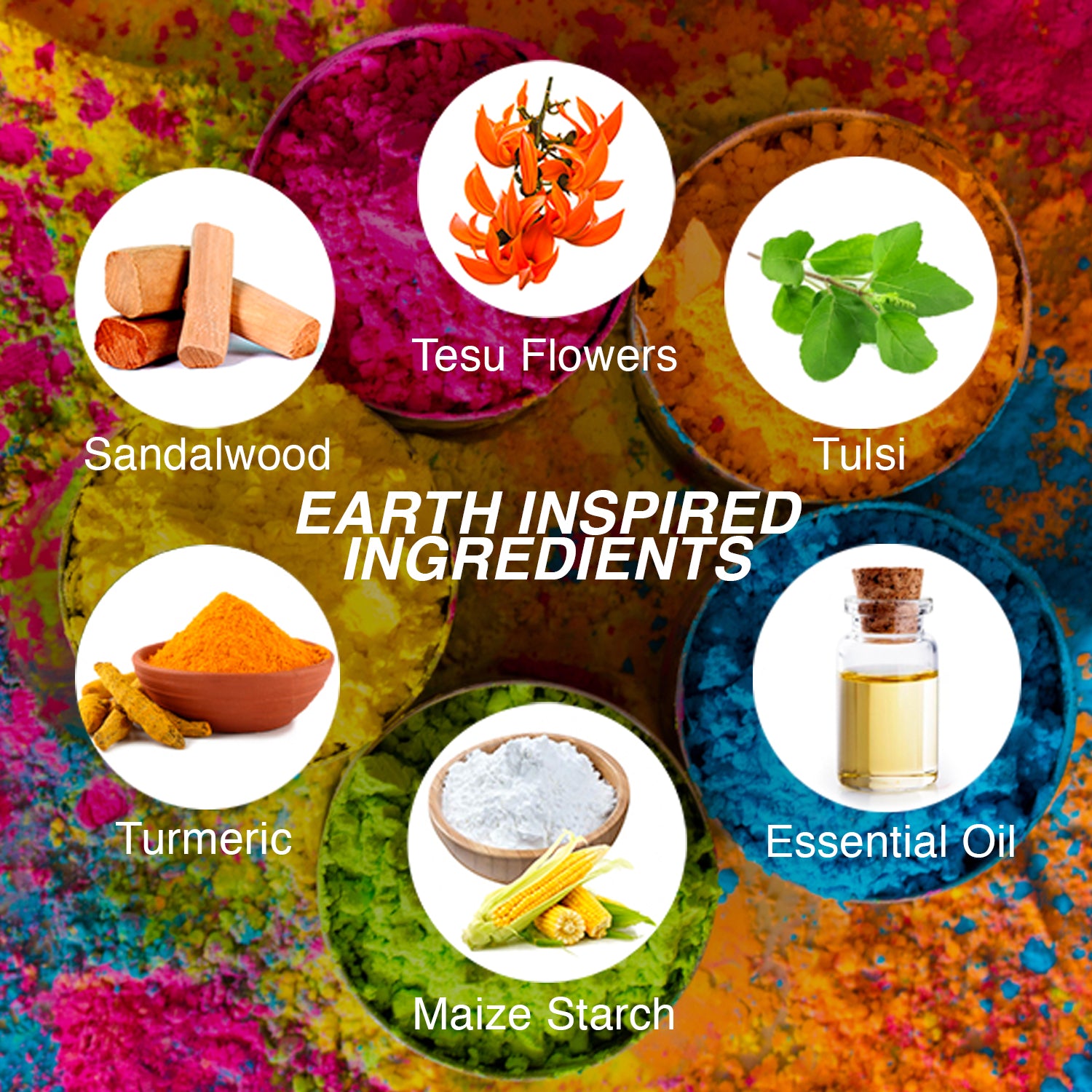EARTH INSPIRED Herbal Gulal | 4 in 1 | Red, Yellow, Orange, Green | 50g x 4 by Earth Inspired