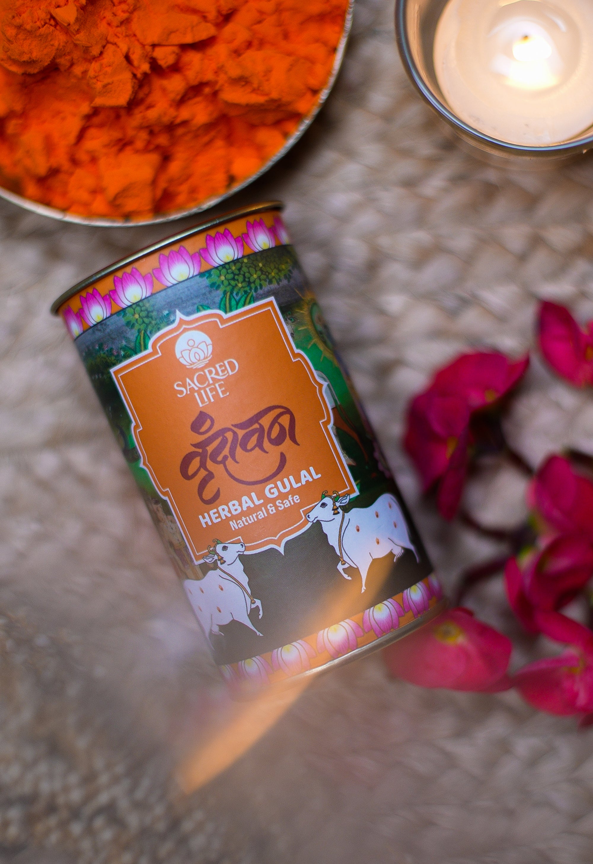 Sacred Life | Vrindavan Herbal Gulal | Holi Colour (Pack of 5) | Orange, Red, Green, Blue and Yellow | Parijat Tesu Marigold Blue Lotus Tulsi Rose Petals (75gm x 5) | 100% Natural and Skin-Friendly Herbal Gulal | Hygienically Handmade and Non-Toxic