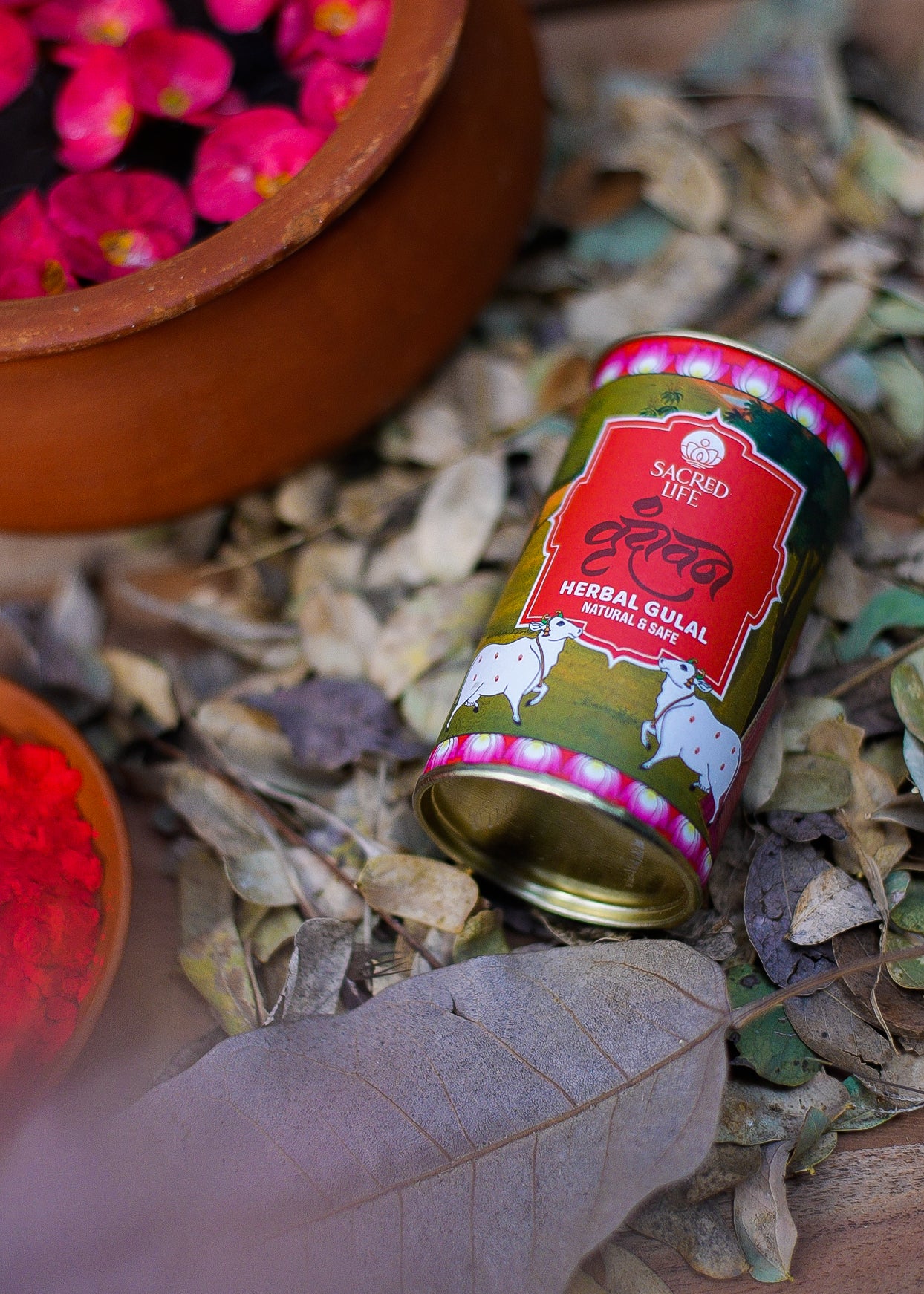 Sacred Life | Vrindavan Herbal Gulal | Holi Colour (Pack of 5) | Orange, Red, Green, Blue and Yellow | Parijat Tesu Marigold Blue Lotus Tulsi Rose Petals (75gm x 5) | 100% Natural and Skin-Friendly Herbal Gulal | Hygienically Handmade and Non-Toxic